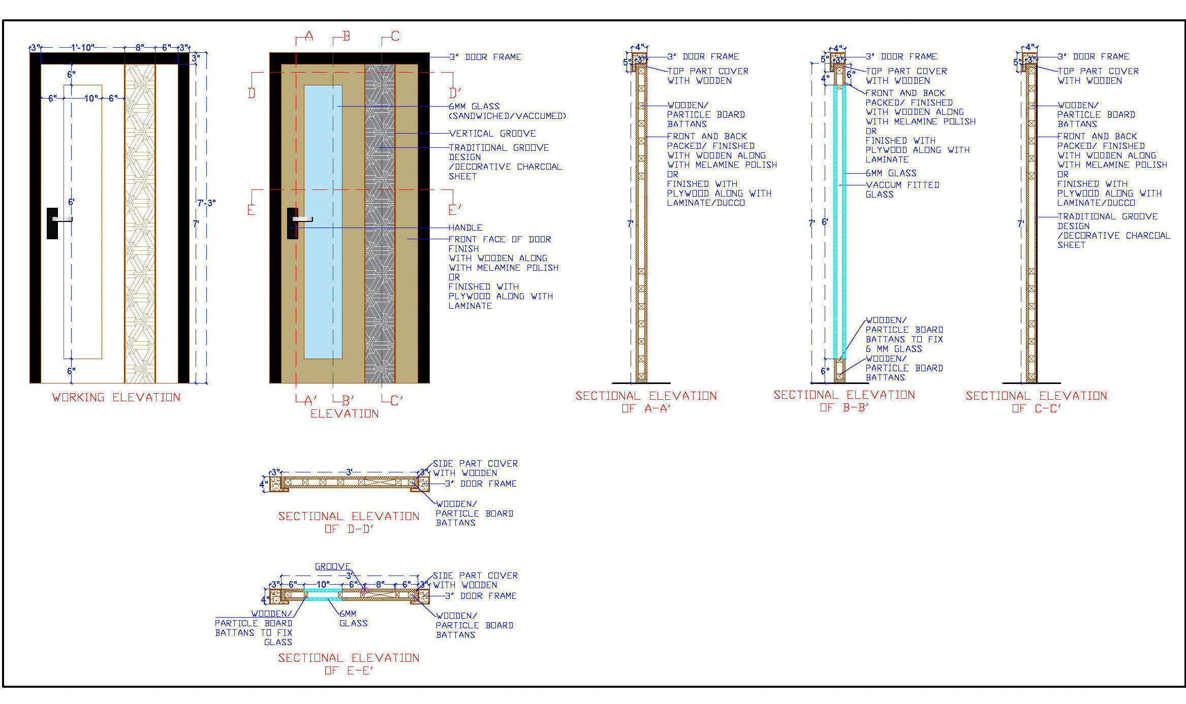 Wooden Door with Decorative MDF Jali - AutoCAD Drawing